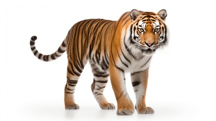 A powerful and majestic scene capturing a tiger, masterfully isolated against a pristine white background 