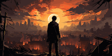 young man standing in the overgrown city at sunset, digital art style, illustration painting