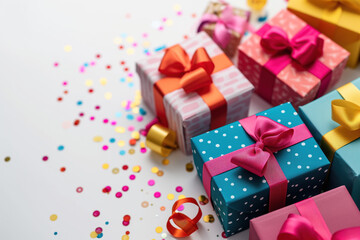 Colorful birthday gifts slide background.. Created with Generative AI technology