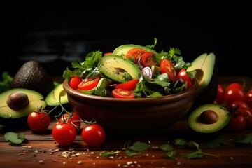 Harvest Feast: A Wholesome Salad Bowl Featuring Avocado, Tomatoes, and Vegetables, Resting on a Rustic Wooden Table in Cozy Ambient Lighting