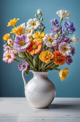 Colorfu flower bouquet displayed in a white vase, Mother's Day and International Women's Day, floral arrangement, honoring women, springtime celebration, website header with copy space. Generative AI