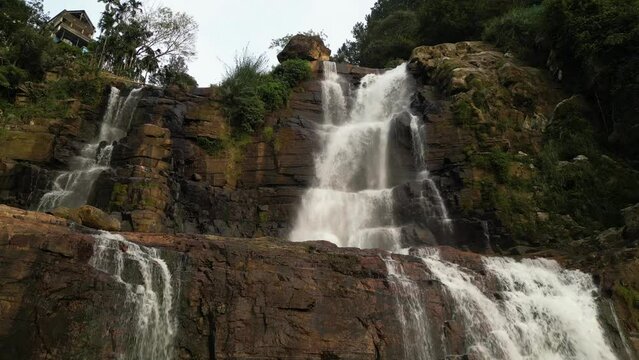 Big rocky waterfall. Lower Ramboda falls in Sri Lanka aerial view