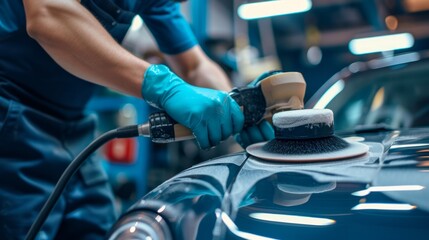 Worker polishing a car, car polishing and cleaning - obrazy, fototapety, plakaty