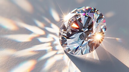 Close-up view of a clear round brilliant cut diamond with caustics rays on white background - obrazy, fototapety, plakaty