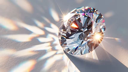 Fototapeten Close-up view of a clear round brilliant cut diamond with caustics rays on white background © buraratn