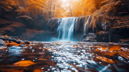 Waterfall in the forest in autumn, yellow leaves on the ground during fall and lake