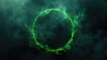 Futuristic smoke. Neon green color geometric circle on a dark background. Round mystical portal