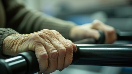 Hands of old woman on handles of a treadmill in physiotherapy - obrazy, fototapety, plakaty