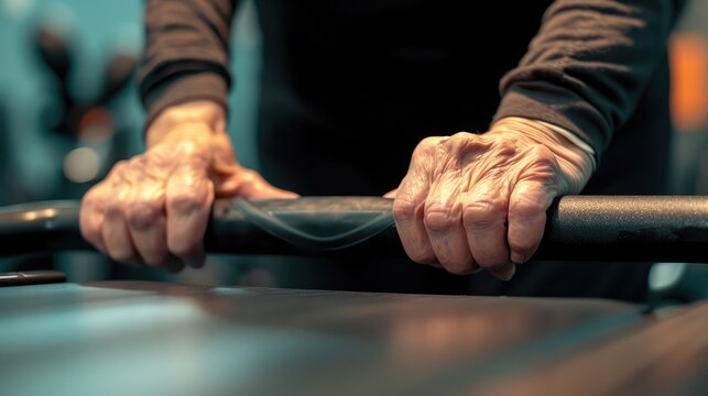 Hands of old woman on handles of a treadmill in physiotherapy