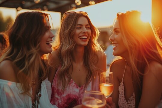 Picture capturing a joyful moment among three lovely ladies enjoying cocktails at a beachside bar, engaged in lively conversation against the stunning backdrop of a setting sun. Generated AI