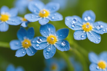 macro delicate beauty of forget-me-not flowers with pristine dew drops