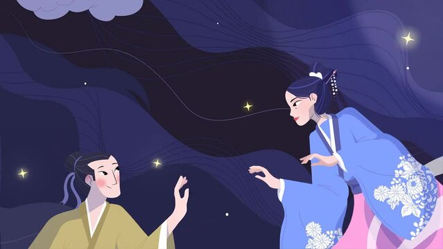 2d Rendered Illustration Of Tanabata Celebration Featuring Orihime And Hikoboshi, Colorful Strips, And Trees.