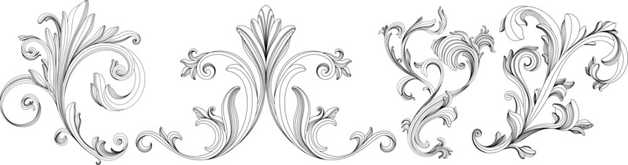 Hand drawn baroque decorative set. Element filigree calligraphy for design collection.