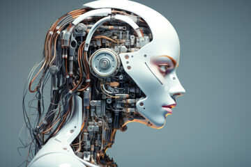 Cyborg woman with machine part of her head. Over gray background