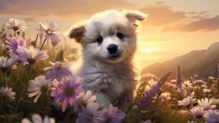 Experience the tranquility of a flowery field where a lovable puppy sits against a white canvas