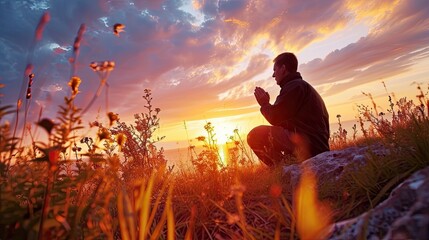 Christian prayer. Man on his knees praying on sunset background. Kneeling prayer to God.