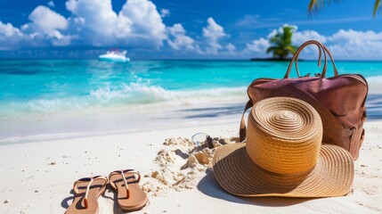 Sun glasses, flip flops, hat, sunglasses on a tropical beach with palm trees next to it