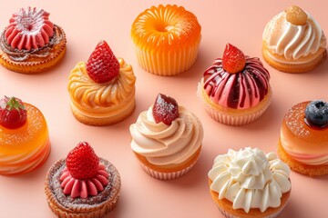 Obraz na płótnie Canvas small French desserts, mini cakes, on a peach-colored background