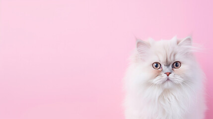 Advertising portrait, banner, funny cute fluffy white cat isolated on pink background. Serious straight look. Conceptual advertising and copy space
