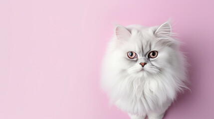 Advertising portrait, banner, funny cute fluffy white cat isolated on pink background. Serious straight look. Conceptual advertising and copy space