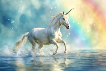 Obraz na płótnie Canvas Illustration of a Beautiful White Unicorn Galloping Across the Water's Surface with a Rainbow in the Background. A Majestic and Enchanting Scene Evoking the Magic of Fantasy and Wonder