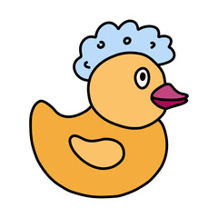 Cute yellow bath duck with a bubble on the head. Handdrawn clipart of duck toy for playing during taking a shower and bathe. Simple funny doodle with hand drawn outline isolated on white