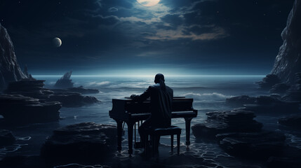 pianist with grand piano plays on the beautiful shore at night