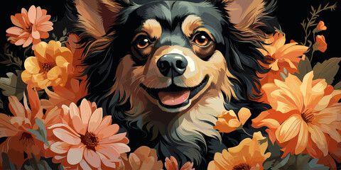 Cute long-haired chihuahua girl wearing a flower wreath. Portrait of a small dog.vector flat bright colors