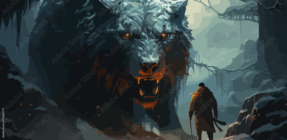 Wall mural the man in the hood with spear faceing the giant winter wolf, digital art style, illustration painti - Wall murals