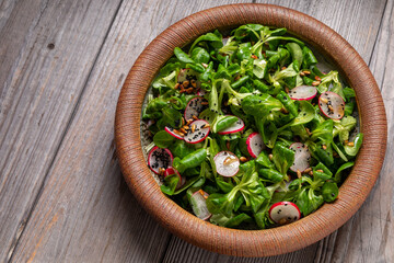 Top view of lamb's lettuce salad with radish, nigella seeds, and roasted sunflower seeds in a ceramic plate. Copy space.