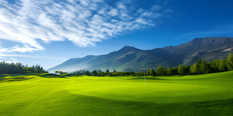Beautiful golf course landscape with green grass and mountains under blue sky