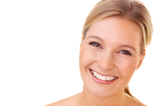 Woman, portrait and face in studio with smile for dental closeup of model on white background. Person, happiness and cosmetic for skincare and mouth of clean teeth with beauty of treatment results