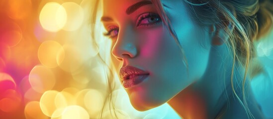 Closeup portrait with colorful lights in background - obrazy, fototapety, plakaty