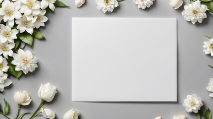 White sheet of paper for filling on a gray background with white flowers. Layout for a note