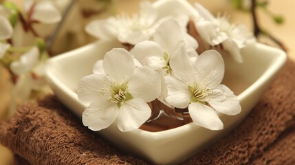 Fototapeta na wymiar White flowers floating in square bowl