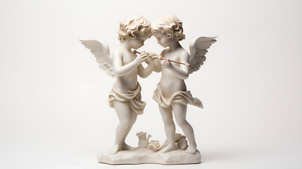 statue of angel with a cross,Ceramic Angel,A marble sculpture of two cherub-like angelic figures, intimately leaning towards each other, conveying a sense of innocence and divine love isolated on tran