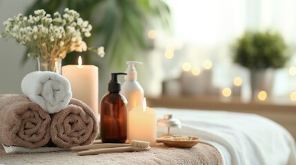 Composition with bottles of cosmetic products, spa accessories and flowers on spa