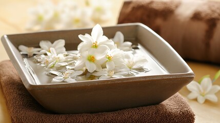White flowers floating in square bowl