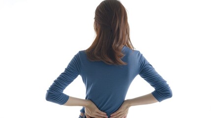 Woman with back pain, medical image, painkiller, close-up, white background