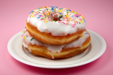 Fototapeta na wymiar sweet doughnut with bright glaze on pink