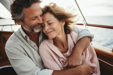 A middle-aged couple hugs each other romantically on a boat. Ai generate.