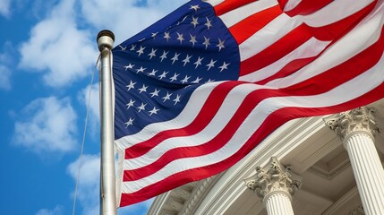 American Flag against US Capitol building, Washington DC, USA
