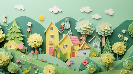Fototapeta premium Paper landscape of a mountain village at summer