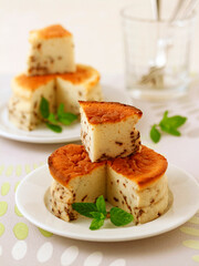 Cheese tart with chocolate chunks.