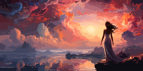 beautiful scenery of the woman standing alone on a wooden pier looking at colorful clouds in the sky, digital art style, illustration painting - obrazy, fototapety, plakaty