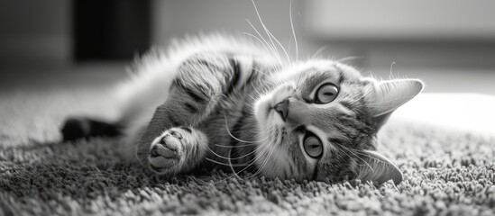 A monochrome photo of a small to medium-sized grey Felidae cat lying on its back on a carpet, with...