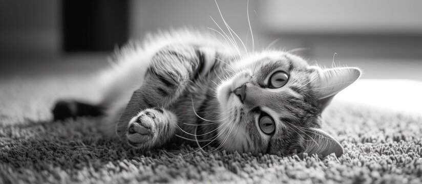 A monochrome photo of a small to medium-sized grey Felidae cat lying on its back on a carpet, with whiskers, snout, and paw visible.