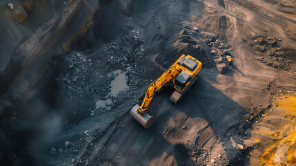 top view Excavator in open pit mining Excavator on earthmoving on sunset Loader on excavation Earth Moving Heavy Equipment Earth mover construction site Backhoe Loader on Road construction. - obrazy, fototapety, plakaty