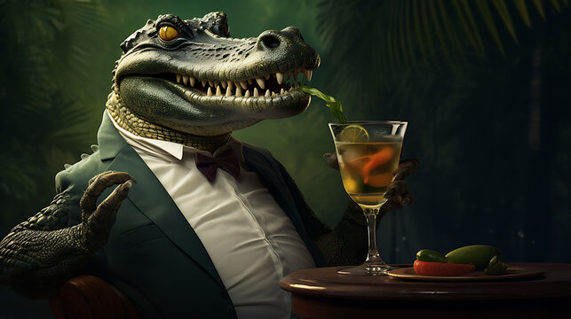happy jocular crocodile with a cocktail
