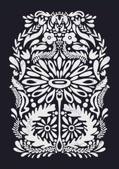Chamomile Scandinavian folk art ornament, black on beige, stylized Norwegian print...